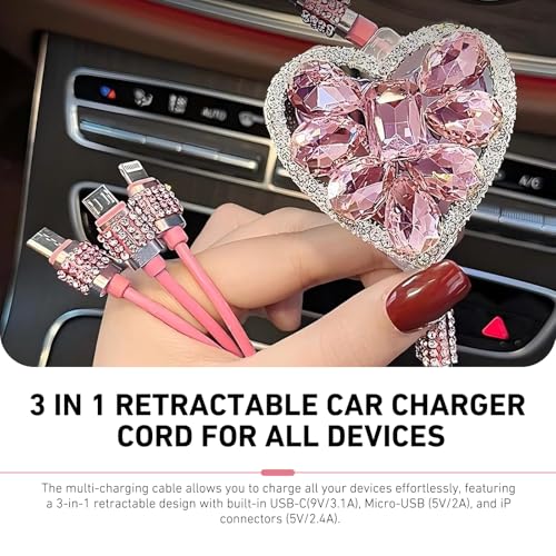 3-in-1 Car Retractable Multi Charging Cable, Rhinestone Heart Data Sync & Fast Charger with Lightning/Micro/Type-C USB Connectors for Most Phones (Pink) - color: Pink