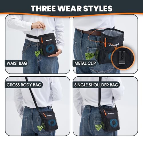 Dog Treat Pouch, 4 Cup Training Bag, Magnetic Closure, 3 Way Wear, Black - color: Black