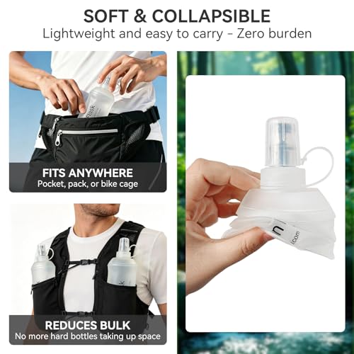 2 Pack 500ml Soft Flask, Shrink As You Drink Collapsible Water Bottles for Running Vest & Hydration Pack, BPA-Free Leak-Proof TPU Folding Bottle for Hiking Cycling Climbing Jogging-White - color: White