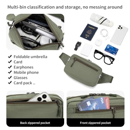 Mini Hiking Waist Bag, 3-Pocket 1.7L RFID Blocking Fanny Pack for Men Women - color: Army Green