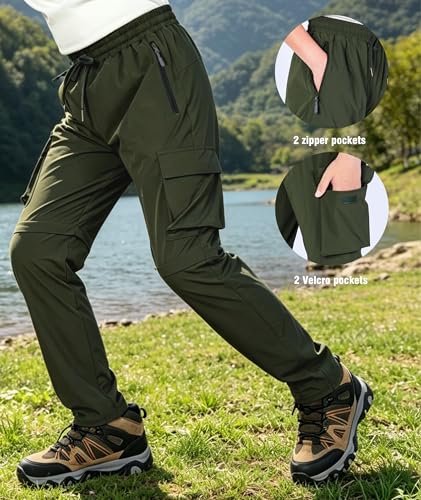 Kids Hiking Convertible Zip Off Pants Quick Dry Outdoor Nylon Pants Waterproof Stretchy with Zip Pockets 4-16Y - color: Green, size: X-Small