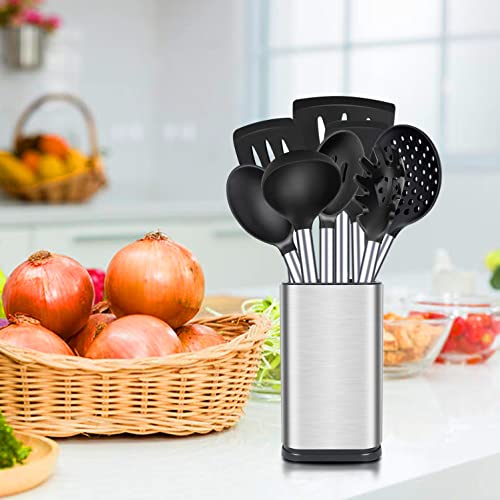 Silicone Cooking Utensils Set, 8 Pcs Kitchen Utensils with Holder, Black | BPA Free and Heat Resistant, Kitchen Tools for Non Stick Cookware include Spatulas, Turners, Spoons, Skimmer and Pasta Fork - color: Black