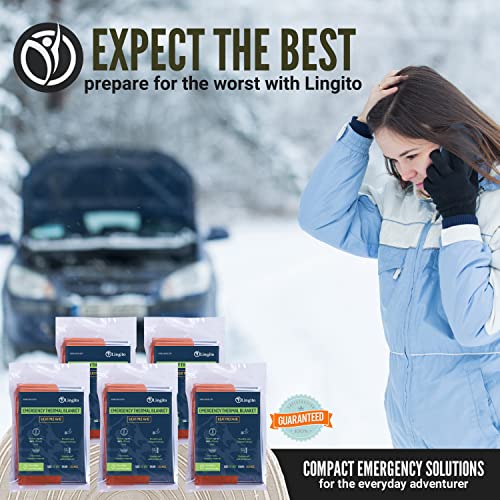 Lingito Survival Blanket, Emergency Blankets Camping, Hiking, Traveling, Heavy Duty Thermal Blanket, Waterproof Insulated Space Blankets Individually Packed, Emergency Outdoor Kit (5 Pack - Orange)