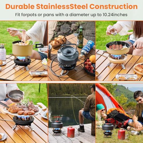Portable Camping Stove with Propane Adapter - GEEKHOM 16000W Windproof Gas Stove Foldable Backpacking Stove, Piezo Ignition & Stable Pot Support for Outdoor Cooking Hiking