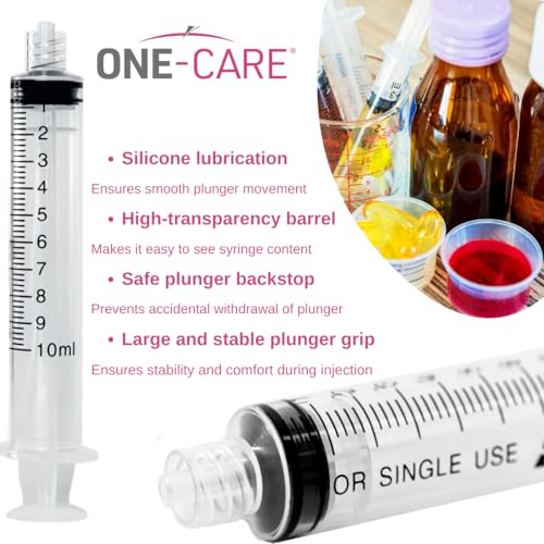 ONE-CARE 10ml (10cc) Luer Lock Syringe, Sterile, Blister-Packed, 100/bx | High-Transparency Barrel, Precise Graduation for Accurate Dosing, Silicone-Lubricated Smooth Plunger Movement, Safe Backstop - size: 10ml