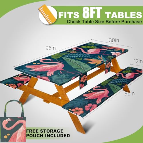Fitted Picnic Table Cover with Bench Covers, Windproof Vinyl Table Cloths Outside Camping Cooking Backyard Furniture Seat Cushion Tablecloth Activities Party Decor Decorations Para Acampar Equipment - color: Green Flamingo, size: 96in