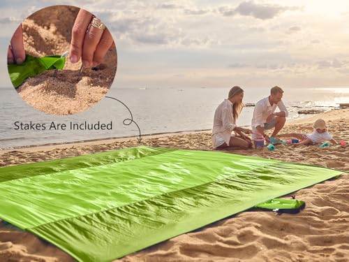 WEKAPO Beach Blanket Sandproof Waterproof, Extra Large Beach Mat, Oversized & Compact Sand Free, Quick Drying Beach Essentials for Vacation, Cruise, Picnic & Camping with Stakes - color: Green, size: 9x10 FT (1～8 person)