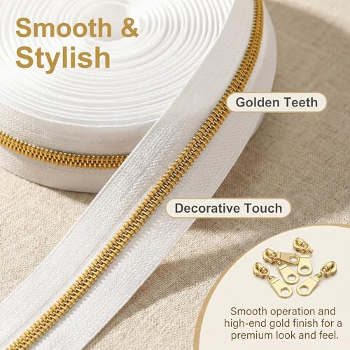 Sawoake 10 Yards Bulk Zipper(#5) Gold Teeth with White Nylon Coil Zipper By The Yards,Can Replace 10PCS Sliders - color: Gold-White-1