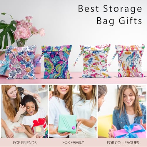 Wet Bag, 4Pcs Wet Dry Bag Set, Reusable Waterproof Bags with Ocean Creature & Shell Patterns for Women, Suitable for Beach Trips & Daily Organizing - color: Ocean Creature & Shell