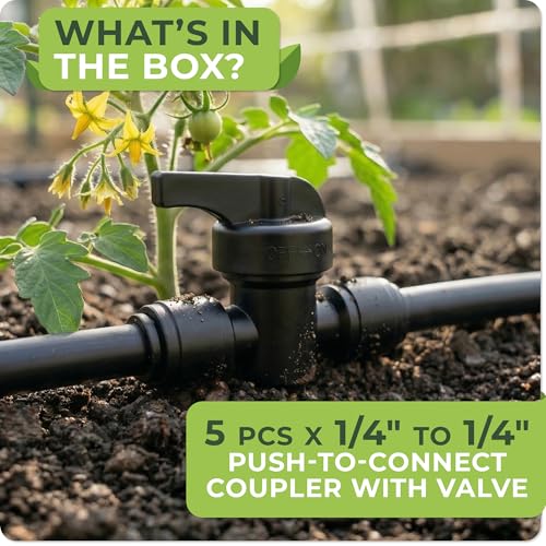 1/4" Connectors With On/Off Valve for Quick Connect Drip System | 5 x 1/4 to 1/4" Valve Couplers for Drip Irrigation System, Leak Free ON/OFF Connectors for 1/4" Irrigation Tubing