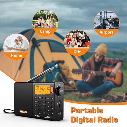 XHDATA D808 Portable AM FM SW LW Air Band Shortwave Radio SSB RDS Multi Band Digital Radio Speaker with LCD Display Alarm Clock External Antenna (Black) - color: Black