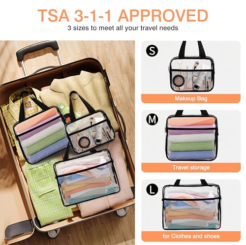 XEWEA 3PCS Clear Travel Toiletry Bags with Handles & Pocketfor Men Women | TSA Approved Transparent Makeup Bag, Waterproof PVC Organizer with Zipper for Toiletries Airline Essentials - color: Black Clear