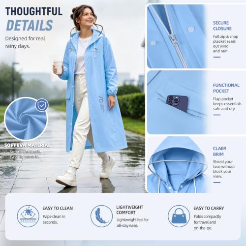 Women's EVA Raincoat, Waterproof Hooded Long Rain Poncho - color: Blue02, size: Large