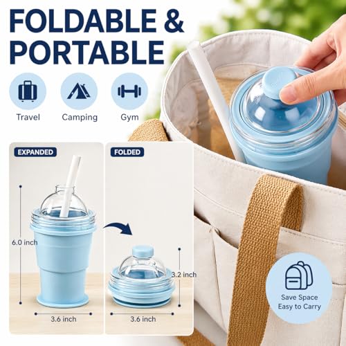 Foldable Ice Ball Cup with Straw, 2-in-1 Silicone Mold & Collapsible Travel Tumbler, Large 6cm Sphere Maker, Portable Drink Cup, 325ml (YELLOW) - color: Yellow