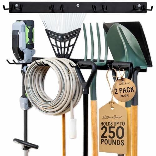 StoreYourBoard Garage Tool Organizer, 72 in, Holds 500 lb, 2 Pack | Garden Tool Rack Wall Mount, Garden Tool Organizer, Shovel Wall Mount, Rubber Coated Hooks - color: BLACK, size: 72" Heavy Duty Steel Rack | 8 Hooks | Holds 500lbs