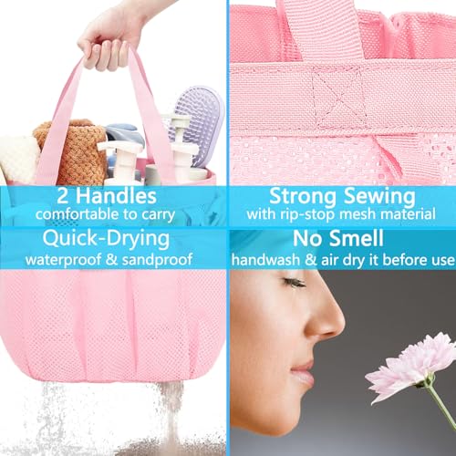 Fammart Mesh Shower Caddy Portable for College Dorm Room Essentials, Odorless Polyester Large Shower Tote Bag with Dual Handles, 8-Pocket Quick-Dry Toiletry Organizer for Travel, Beach, Camping, Gym - color: Multiple Pockets, 1 Pack - Pink