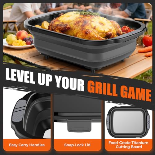 Collapsible BBQ Prep Tubs with Titanium Cutting Board, Large-Capacity（5.3Gal/20L）Barbecue Utensils, with Locking Lid, Strong Sealing and Leak-Proof Design. Suitable for Kitchen and Outdoor.
