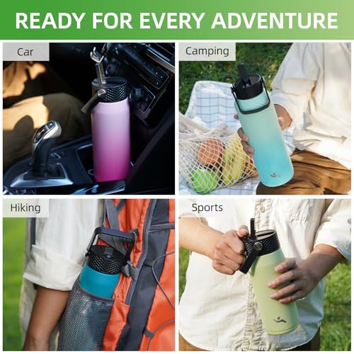 Konokyo 20 oz Insulated Stainless Steel Water Bottle with 3 Lids - color: Macaron Green, size: 20 Ounces