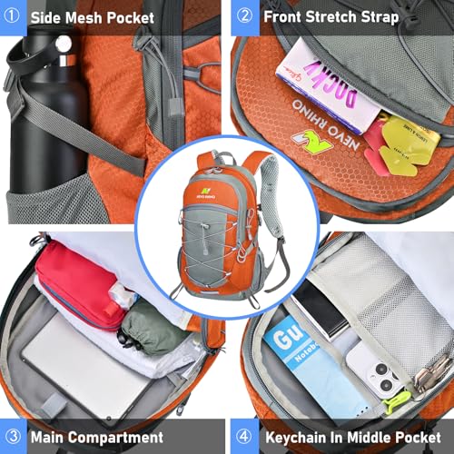 N NEVO RHINO Hiking Backpack,20L Waterproof Hiking Outdoor Daypack | Lightweight Travel Camping Foldable Daypack,Small Backpack for Men Women - color: Orange