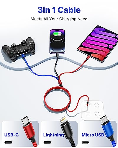 Multi Charger Cable, Fast Multi Charging Cord 3 in 1 Nylon Braided Multiple USB Universal Charging Cable for Type-C, Micro USB, Cell Phones/IP/Samsung Galaxy/Ps/LG/Huawei/Kindle - color: Red, size: 3 in 1 4FT 2PACK