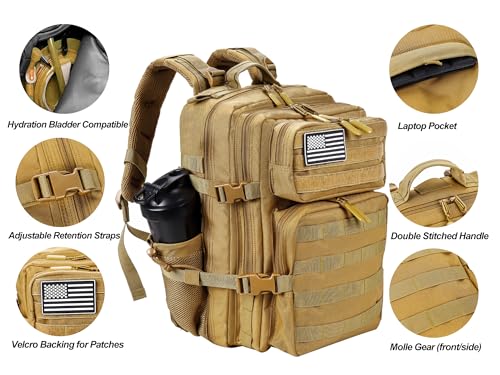 LHI Tactical Military Backpack for Men and Women 25L/35L Army Assault Pack Bag Small Rucksack with Bottle Holder - color: 2.1 35l-khaki, size: Medium