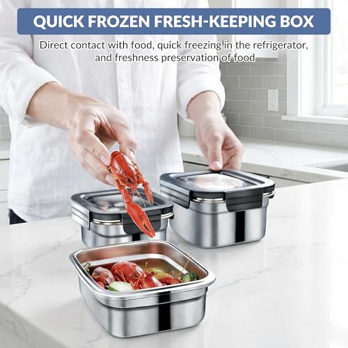 3Pcs 304 Stainless Steel Food Storage Containers with Lids, Nestable & Stackable, Leak-Proof Silicone Seal, 2500ML+1100ML+450ML, Dishwasher Safe, Straight Edge Black, Reusable Lunch Boxes for Meal Pre