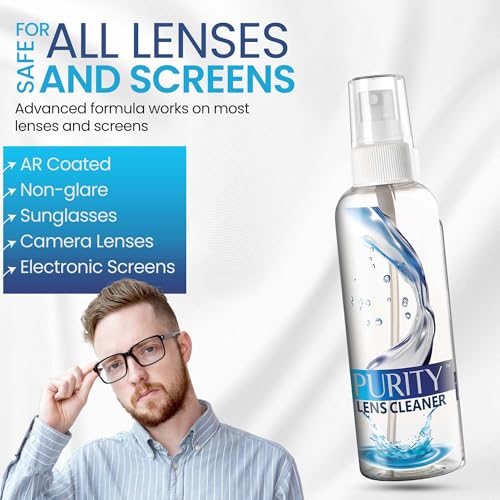 Purity Eyeglass Lens Cleaner Kit - 2 x 8oz and 1 x 2oz Lens Cleaner Spray Bottle + 2 Microfiber Cleaning Cloths - Safe for All Lenses (AR Coated Included), Eyeglasses and Screens - Clear - style: 5 Piece Set - 2 (8oz + 1 (2 Oz Lens Spray)) + 2 (Microfiber