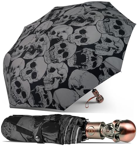 Skull Handle Windproof Travel Umbrella Compact Portable, Auto Open Close | Luxury Gothic Skull Grip with One-Touch Automatic Open, Wind Resistant and Sturdy for Rain, Lightweight to Carry Daily - color: 03.Gothic