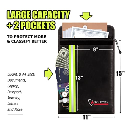 ROLOWAY Fireproof Envelope for Cash, Legal Documents Safe (15 x 11 inch) with 2 Pockets & Waterproof Zipper, Black - size: 15 x 11 inch, style: Black Fireproof Bag