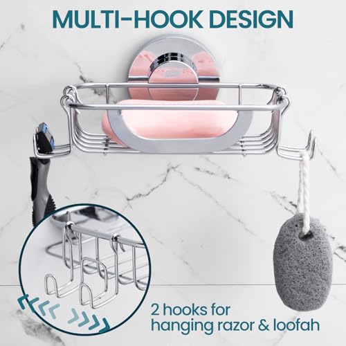 TAILI Soap Holder, Soap Dish Suction Cup with Hooks, Stainless Steel,Silver | Soap Dish for Shower, Bathroom Bar soap holder Shower Wall, Stainless Steel Sponge Holder for Tub Kitchen - color: Silver