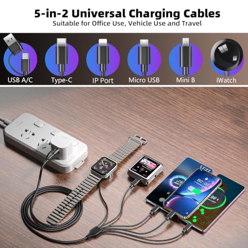 YIFYSUN 5-in-2 Multi Charging Cable for Apple Watch Charger : USB A/C Input, Type C/IP/Micro USB/Mini B Cable Cord for iWatch Ultra/SE/10-1/iPhone 17-11/Galaxy S25-S20/Garmin GPS-Black, 4FT - color: Black