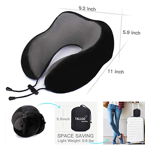TALLGO Travel Pillow, Best Memory Foam Neck Pillow Head Support Soft Pillow for Sleeping Rest, Airplane Car & Home Use (Black) - color: Black