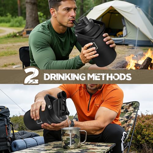 NATURE PIONEOR 128oz/1 Gallon Tactical Water Bottle with MOLLE Bottle Pouch | 18/8 Food-grade Stainless Steel, Double Vacuum Insulation, Wide-Mouth, Straw & Spout Lid, Strap, Camping, Hiking, Gym, Work - color: Black, size: 128 Ounces