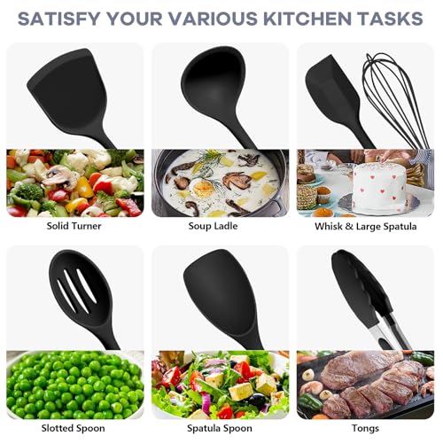 TeamFar Silicone Cooking Utensils, 10 pcs Kitchen Cooking Utensils Set | Heat Resistant Kitchen Gadgets Tools Set w/Spatula, Turners, Spoons, Soup Ladle, Pasta Server for Nonstick Cookware, Black - color: Black