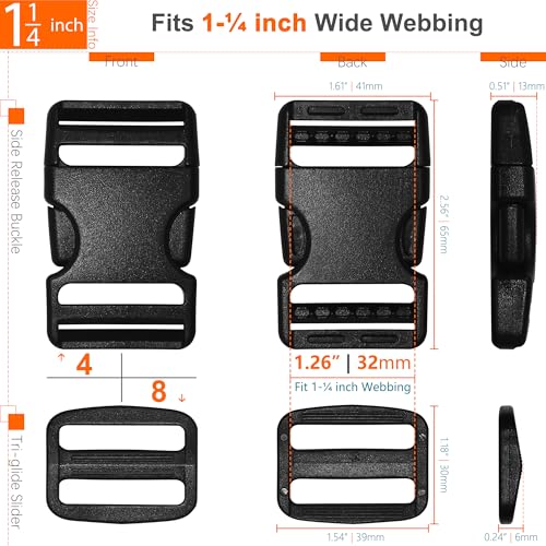 Nylon Straps 1-1/4 inch Wide with Buckles and Slides: 6 Yard of 1.25" Webbing, 4 Pack Side Release Buckle, 8 pcs Tri-Glide Slider, Heavy Duty Plastic Clip Quick Fastener Replacement Dual Adjustable - size: 1-1/4" x 6 yd Strap + 4 pack Buckles