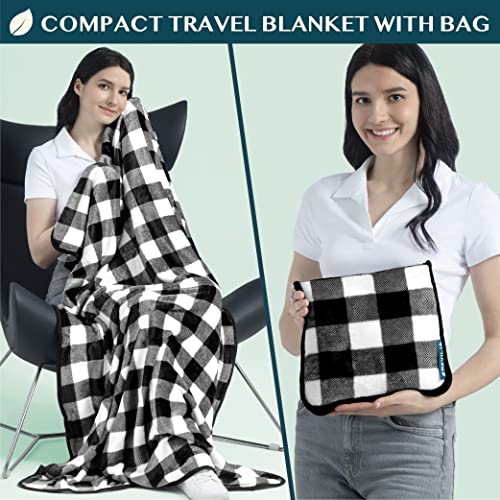 PAVILIA Travel Blanket Pillow, Soft Airplane Blanket 2-in-1 Combo Set, Plane Blanket Compact Packable, Flight Essentials Car Pillow, Travelers Gifts Accessories, Backpack Strap, 60x43 Checker White - color: Checker White