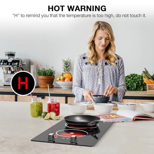 2 Burner Electric Cooktop, 2100W Electric Stove Top Hot Plate 12'' | Countertop Burner & Built-In Stove Top, 9 Levels of Power, Knob Control, Timer & Kid Safety Lock, Residual Heat Warning - size: Double Electric Cooktop