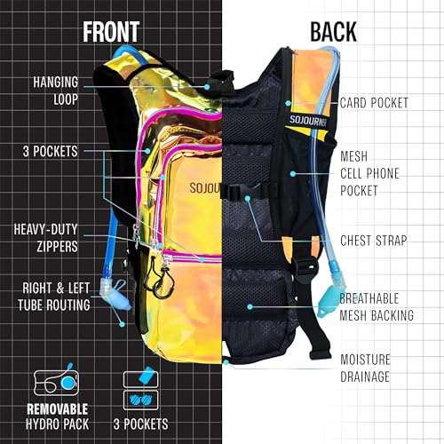 Sojourner Hydration Pack, Hydration Backpack - Water Backpack with 2l Hydration Bladder, Festival Essential - Rave Hydration Pack Hydropack Hydro for Hiking, Running, Biking, Festival Gear - color: Laser Holographic - Pink