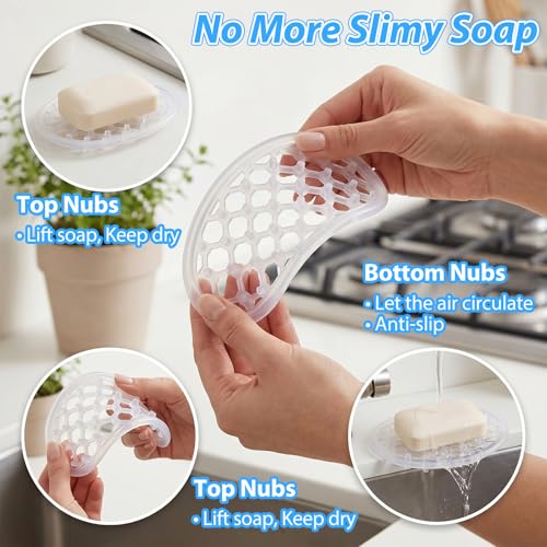 2 PCS Silicone Soap Bar Holder for Shower, Self Draining Soap Dish with Drainage, Clear Soaps Saver Pad Tray for Shower Niche/Shelf, Bathtub Bathroom Sink Kitchen Counter (4.72×3.15 Inches)