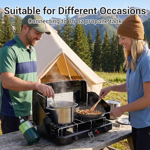 FineFlame Camping Stove, Propane Portable Camp Stove, 13000BTU-2 Burners - color: DARK