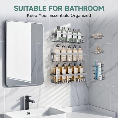 Veken Shower Caddy 6-Pack, No Drilling & Rustproof, Waterproof Adhesive Shelves Rack with Soap Holder, Large Capacity Bathroom Organizers and Storage, Wall-Mounted Kitchen & Home Decor, Silver Gray - color: Bright Silver