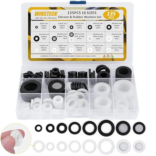 135 PCS Rubber & Silicone Hose Washers Kit, 16 Sizes with Screen Filter | Garden Hose Gaskets for Seals Repair & Shower Hose / Faucet / Shower Head, Hose Gaskets Set, Seal and Prevent Leakage - size: 135PCS