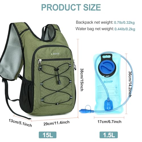 BOVIP Lightweight Hydration Back,15L Multipurpose Hiking Backpack with 1.5L Water Bladder ,Hydro Water Daypack for Cycling Hiking Rave for Men Women - size: Green
