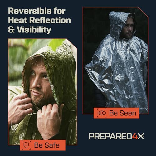 PREPARED4X Emergency Mylar Poncho – Survival Rain Poncho with Hood – Lightweight, Compact, Reusable Emergency Blanket Poncho for Hiking, Camping, Thermal Gear, Car Kit, Outdoors - color: Green 4-pack