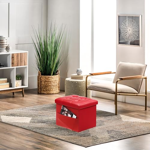 AmasSmile Ottoman with Storage,16" Folding Leather Foot Rest Chest,Red - color: Red 1 Pack., size: 16"*12"*12"with side pockets