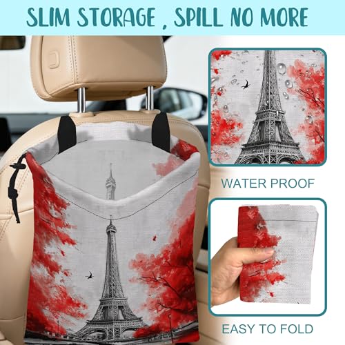 Car Garbage Bag Eiffel Tower Red Trees Drawstring Car Trash Bag Hanging for Back Seat with Adjustable Buckle Canvas Vehicle Trash Can Easy-to-Install - color: Eiffel Tower Red Trees