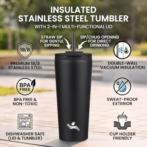 Konokyo 22 oz Insulated Tumbler Water Bottle with Straw Lid, Black | Stainless steel insulated tumbler for coffee, water and iced drinks; spill-proof lid, 2 straws, cup-holder friendly - color: Black, size: 22 Ounces
