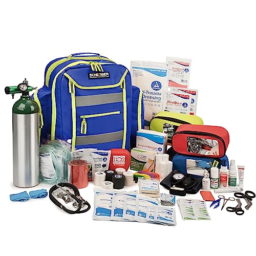 Scherber Fully-Stocked Premium First Responder Backpack | EMT/EMS Medic Trauma & Oxygen Medical Professional Kit | Bag w/ 4 Color-Coded Removable Pouches, O2 Storage, & 250+ First Aid Supplies (Blue) - color: Blue