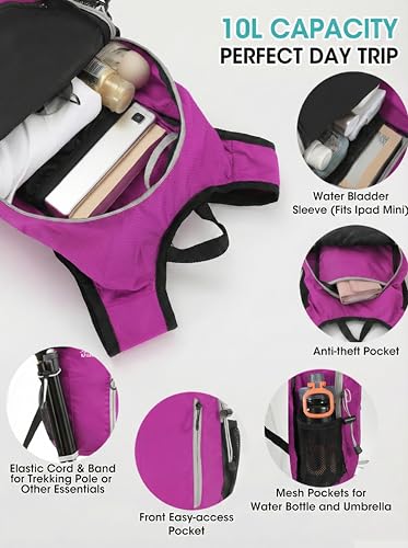 Foldable Small Hiking Backpack with 3 Strap Pockets – Lightweight 300D Spill-proof Daypack for Men Women – Packable Small Travel Backpack with Chest Strap & Trekking Pole Holder – Durable Outdoor Bag - color: Rosered-