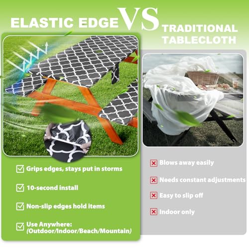Fitted Picnic Table Cover with Bench Covers Waterproof Elastic Edges Rectangle Patio Tablecloth Outdoor Camping Essentials Stuff Rv Accessories Summer Trip Travel Supplies Party Camper Gifts, 6 ft - color: Gray Line Flower, size: 72in